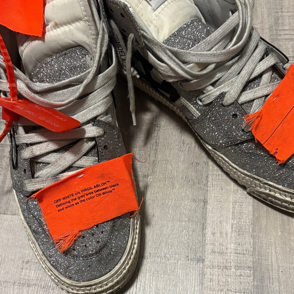 Off-White Glitter Gray Sneakers with Vibrant Orange Tags - Picture 8 of 9